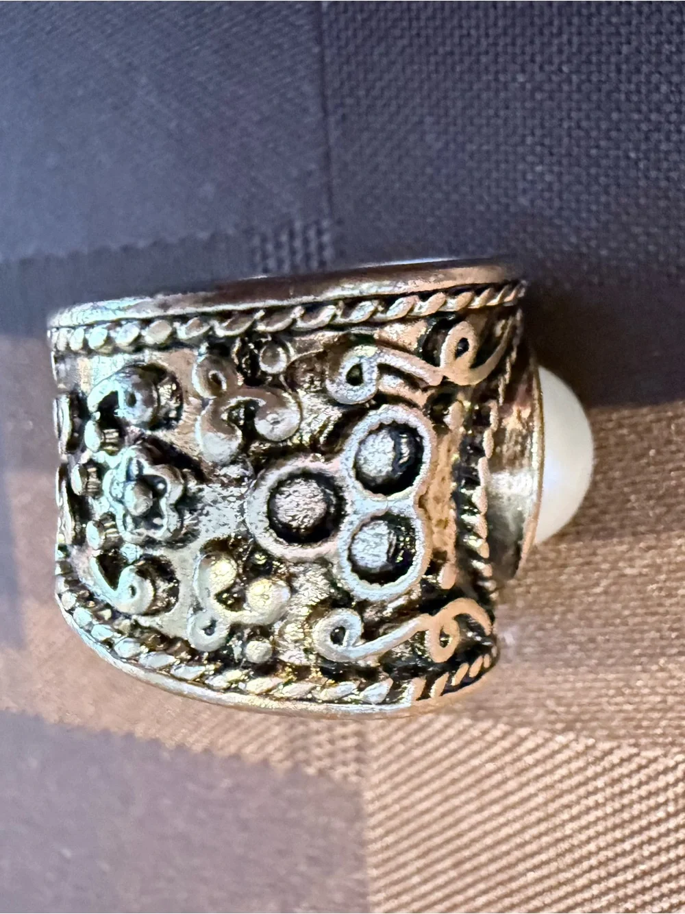 Vintage Ornate Filigree Faux Pearl Wide Band Statement Ring - US Size 6.75